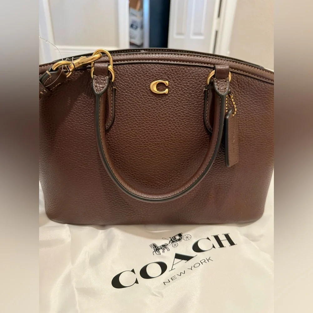 Coach Dark Brown Pebbled Leather Satchel with Gold Accent